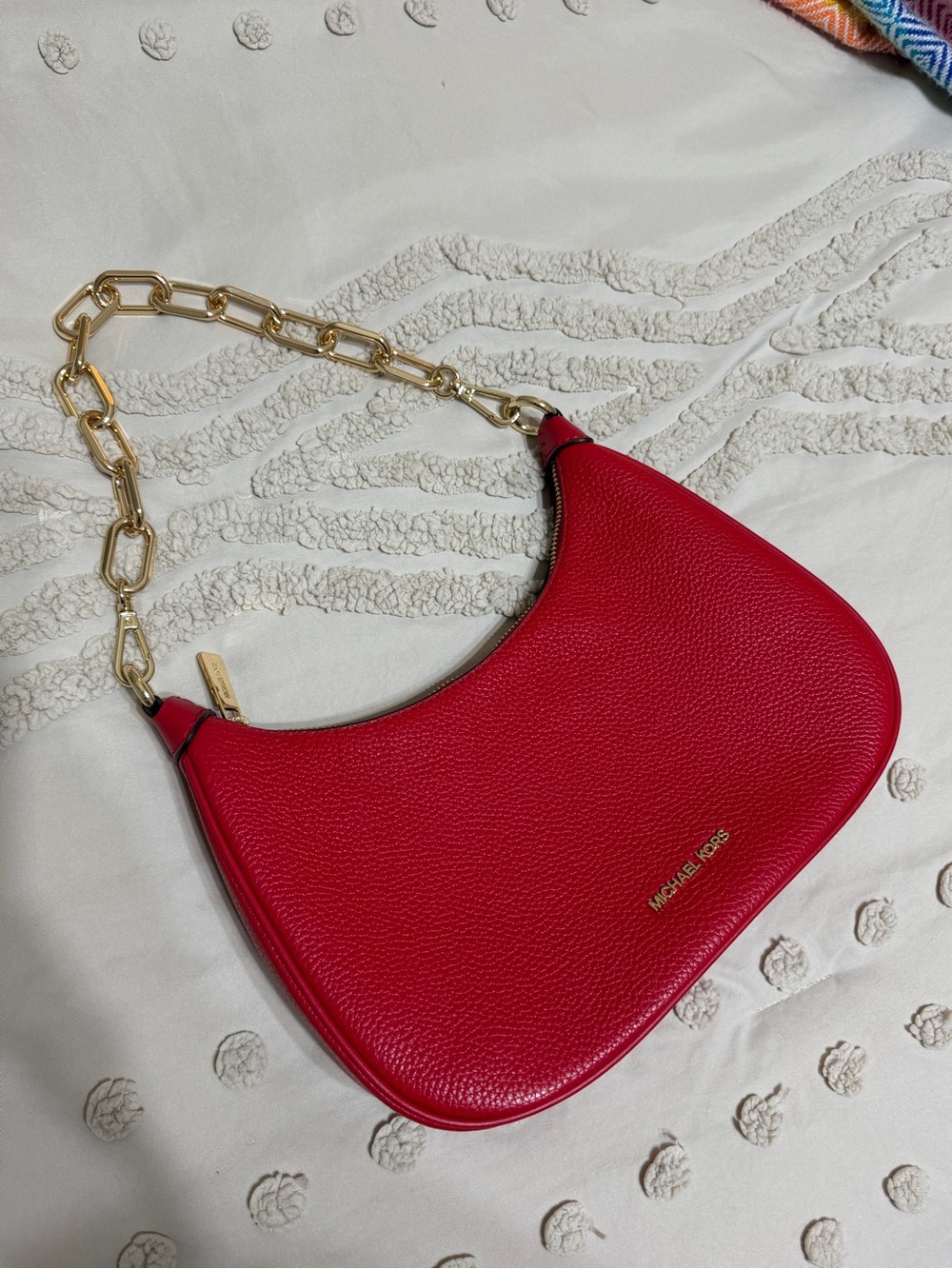 Michael Kors Red Pebbled Leather Shoulder Bag with Gold Chain